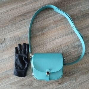 Leather turquoise tiffany blue crossbody bag made in Ukraine clean